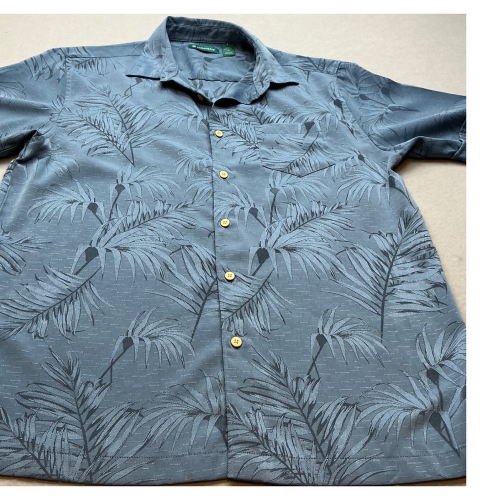 Cubavera Palm Leaf Button Down Shirt Large Blue Short Sleeve Tropical Camp Shirt